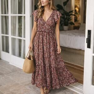 Mango Sz M Rayon Red Burgundy Fall Cap Sleeve Maxi Dress Forest Fairy Bohemian